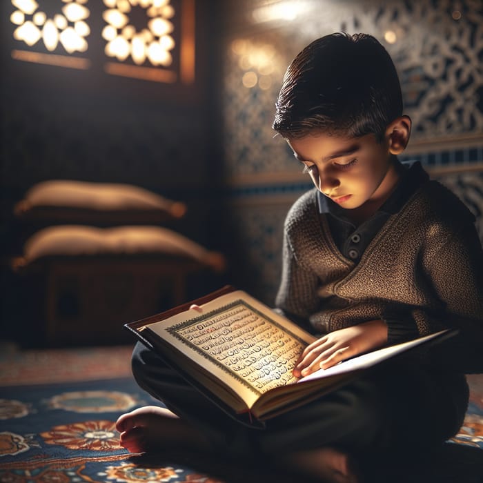 Young Boy Immersed in Qu'ran Reading in Serene Traditional Setting
