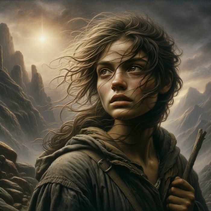Bedraggled Woman Trekking In Baroque Mountain Scenery AI Art 