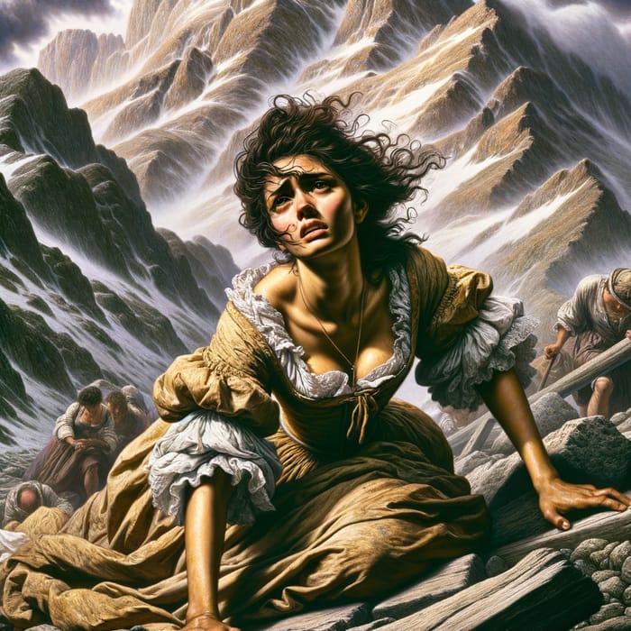 Baroque Mountain Hike: Struggling Woman Battling Wind
