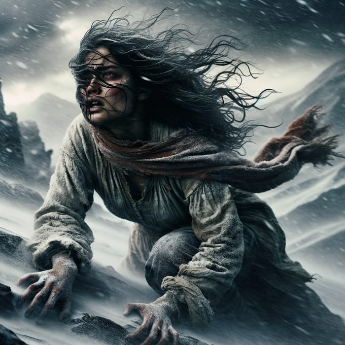 Baroque Survival Struggle: Young Woman Climbing in Snowy Mountains