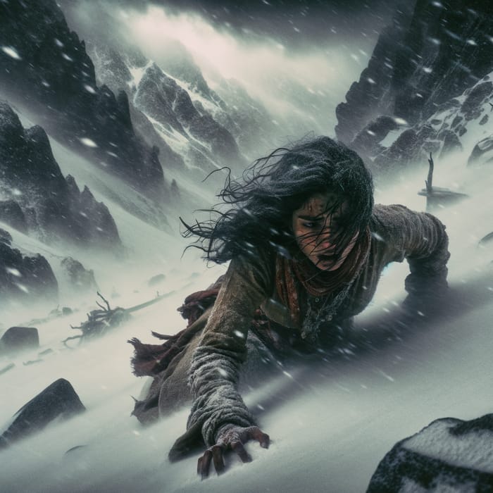 Baroque Style Woman Crawling in Snowstorm Mountains