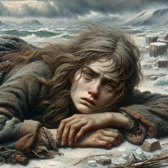 Gripping Baroque Portrait: Young Woman Stranded in Snowy Mountains