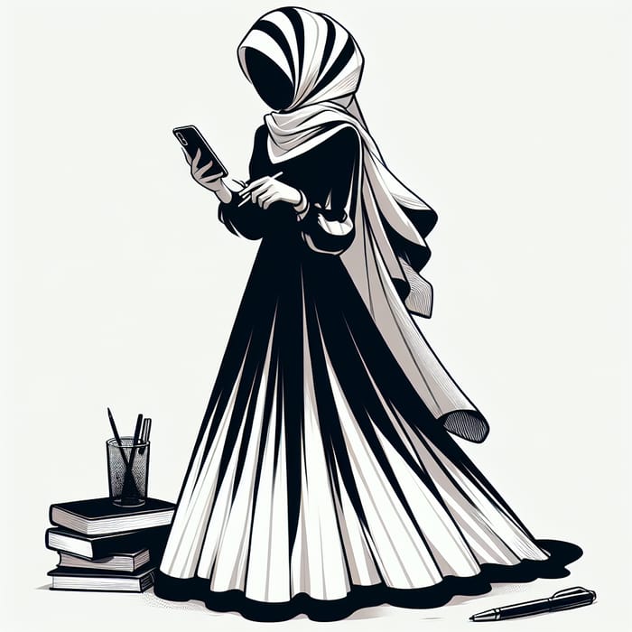 Muslim Freelancer in Long Black and White Dress with Head Covered