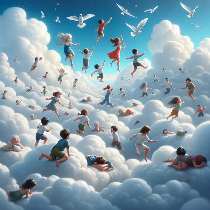 Children Walking on Puffy Clouds | Whimsical Sky Scene