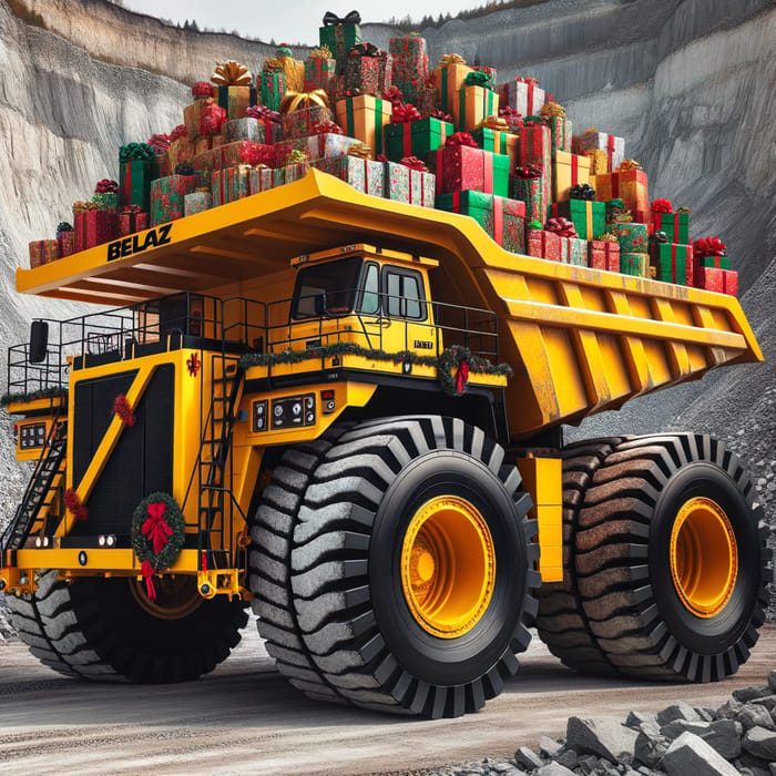 Yellow BELAZ Dump Truck Loaded with Christmas Presents