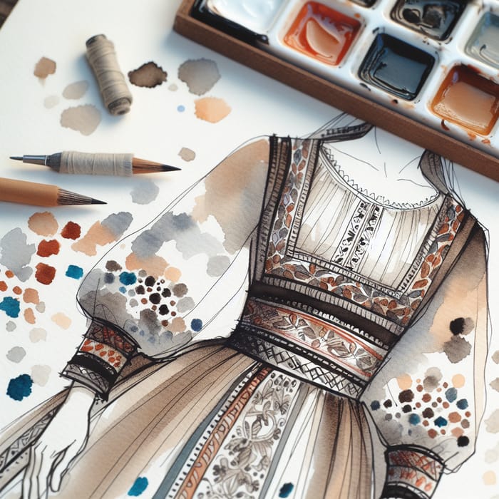 Illustrated Traditional Russian Dress: Ink & Watercolor Style