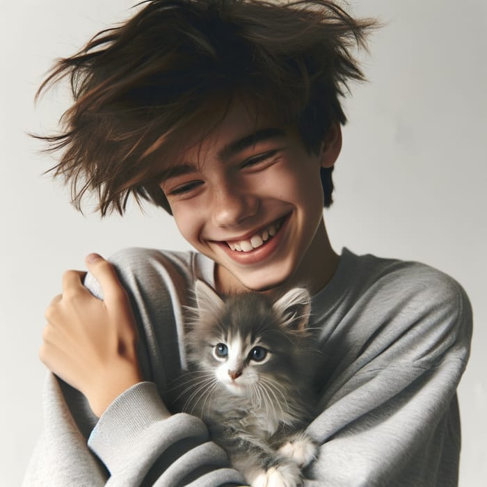 Adolescent Boy Embracing Gray Kitten | Expressing Affection and Joy