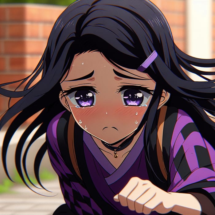 Sad Girl Running in Purple and Black Attire