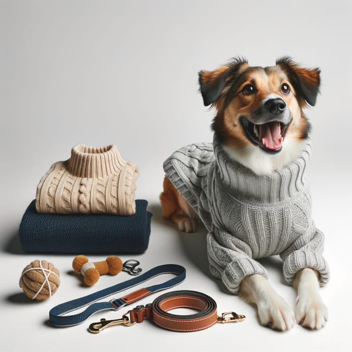 Happy Dog in Sweater | Leash, Harness & Toy | Joyful Pet Scene