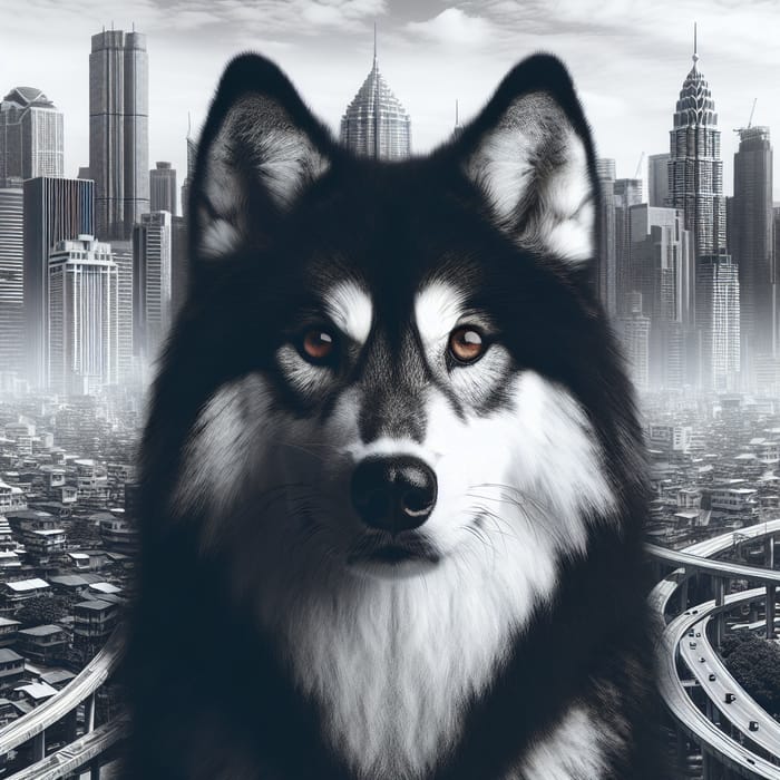 Majestic Black and White Siberian Wolf in Urban Cityscape