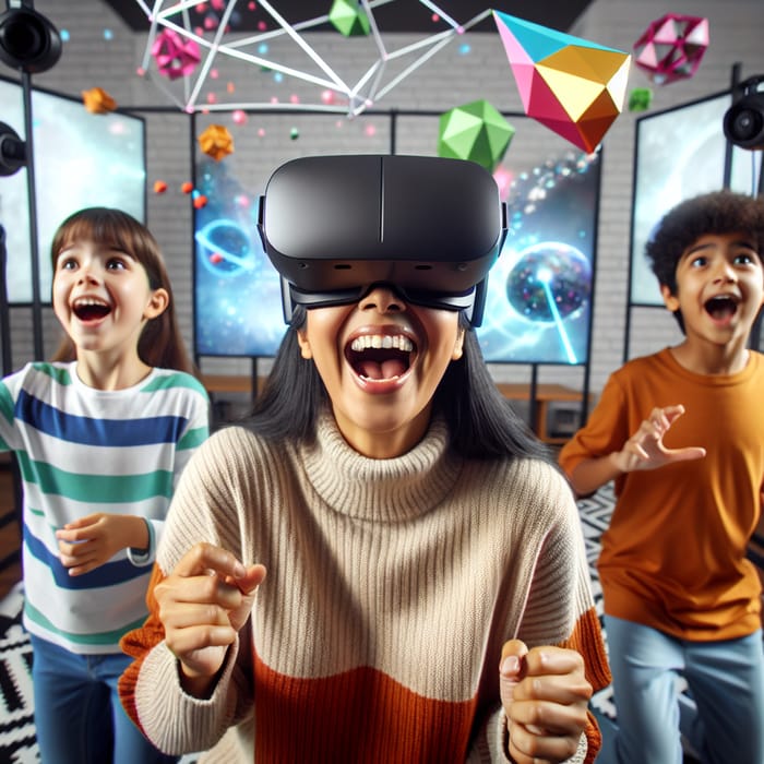 Happy South Asian Woman & Kids in Virtual Reality World