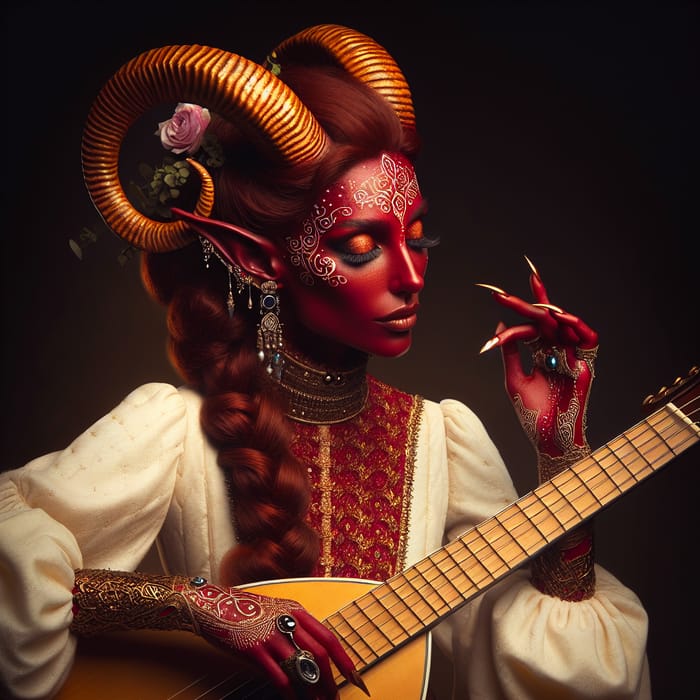Enchanting Tiefling Bard | Lute Player with Ruby-Red Skin