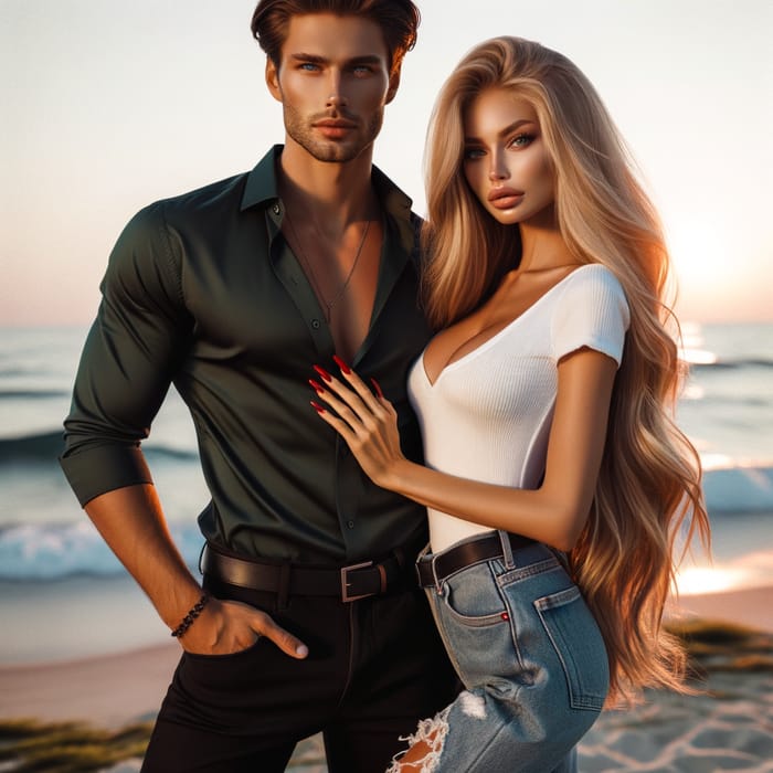 Beautiful Couple at Sunset Beach with Stylish Fashion