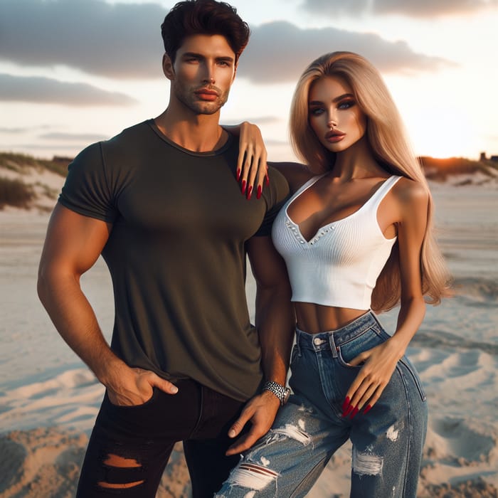 Brunette Man Holding Hands with Beautiful Blonde on Beach at Sunset