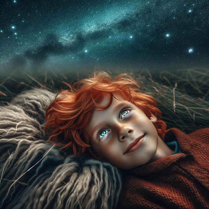 Young Red-Haired Shepherd Boy in Awe Under Starry Night