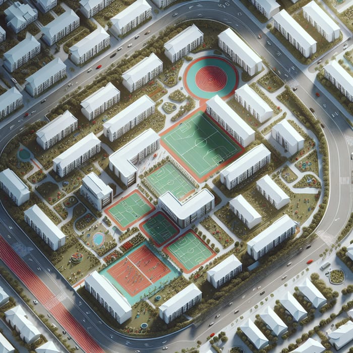 Structured School Campus: Gray Roads, White Roofs, Green Playgrounds & Red Runway