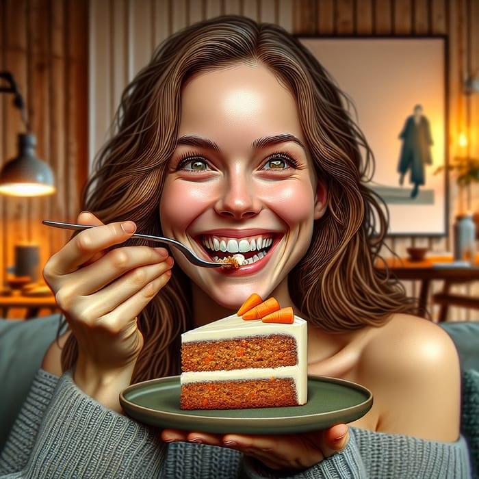 Joyful Danish Woman Enjoying Carrot Cake in Cozy Home Setting