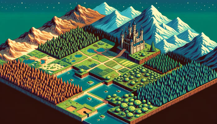 Adventure Pixel Art Map: Oak Forest, Mountains & Castle