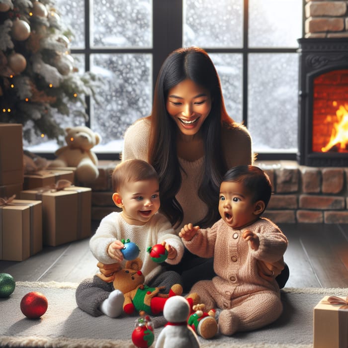 Infants Playing with Christmas Toys Delight Mother in Festive Setting