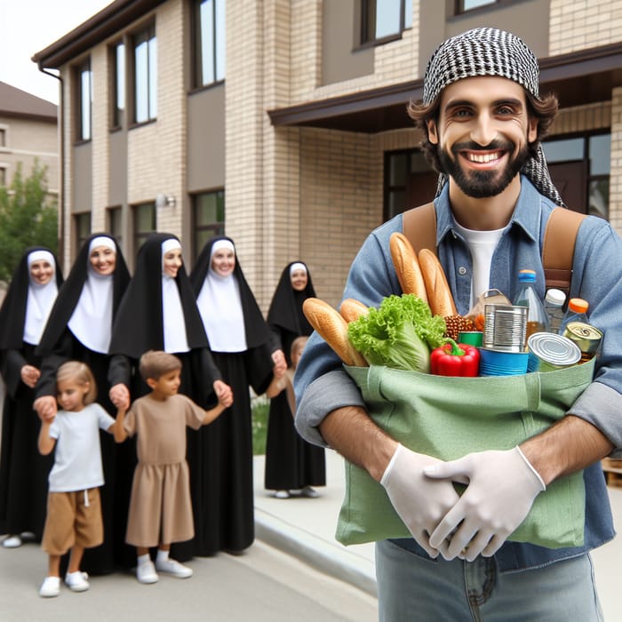 Community Service Volunteer Delivering Groceries to Nuns | Suburban Donation Scene