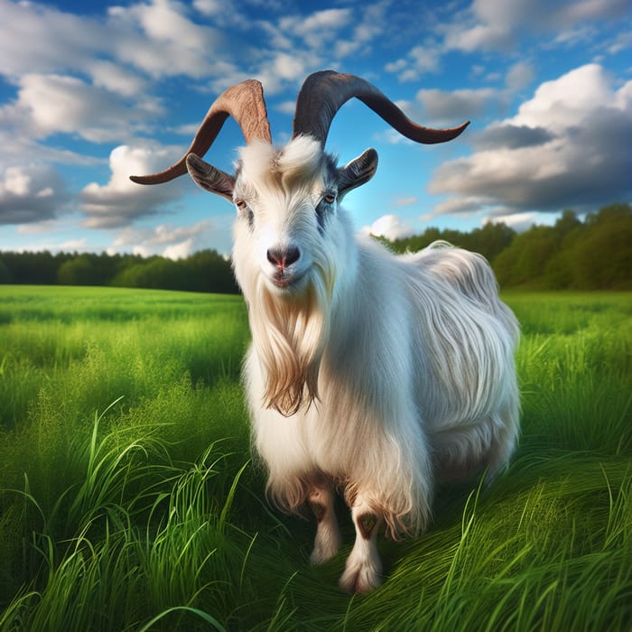 Majestic White Goat Grazing in a Green Pasture
