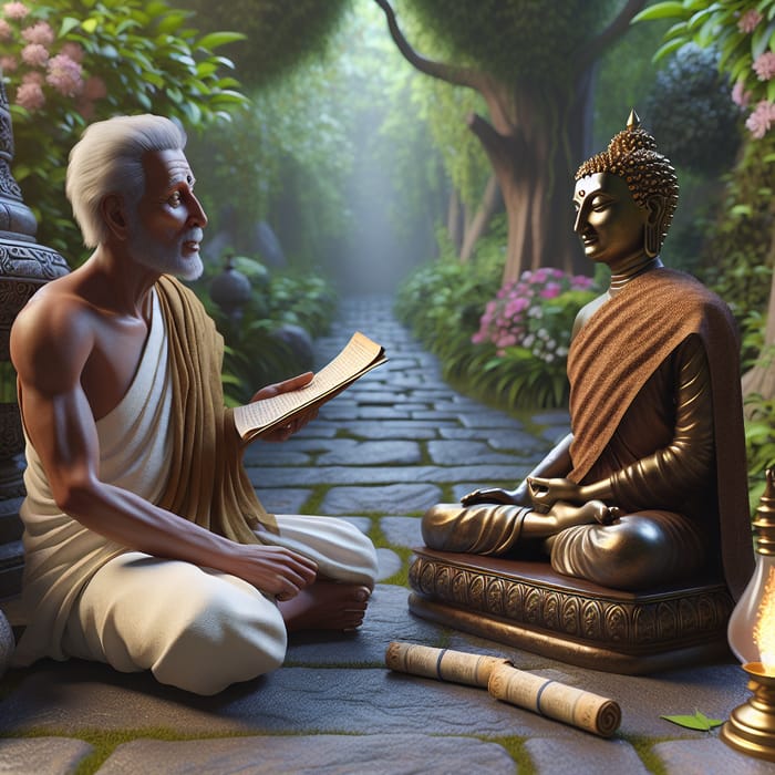 Indian Merchant Conversing with Buddha Statue