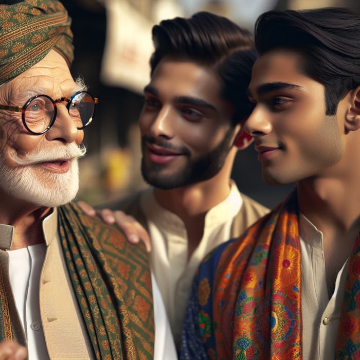 Old Indian Merchant Exploring Traditions with His Sons