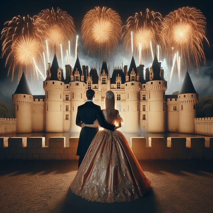 French Bride and Groom at Castle with Spectacular Gold Fireworks Display