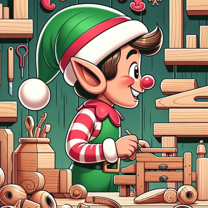 Iconic Cartoon Elf Woodworker Making Christmas Toys