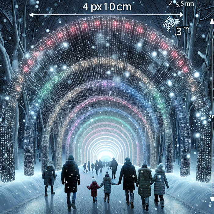 Enchanting Luminous Tunnel with Magical Family Walk in Snowy Arboreal Setting