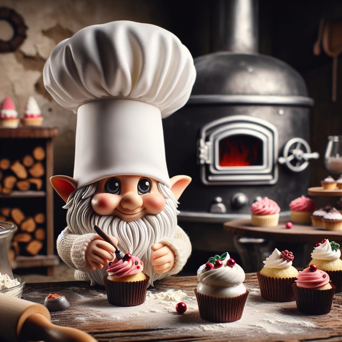 Gnome Chef Decorating Cupcakes with Frosting in Bakery Kitchen
