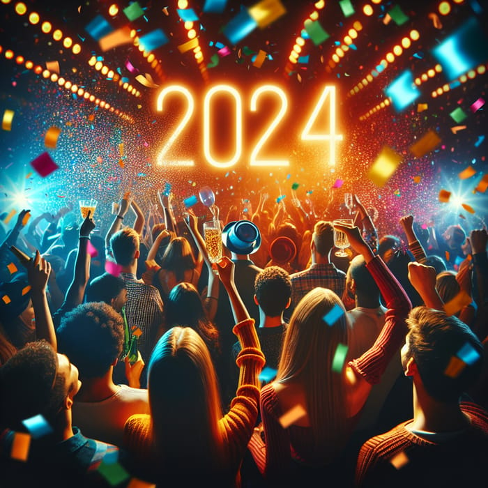 2024 Neon New Year's Eve Confetti Celebration with Colorful Group Fun