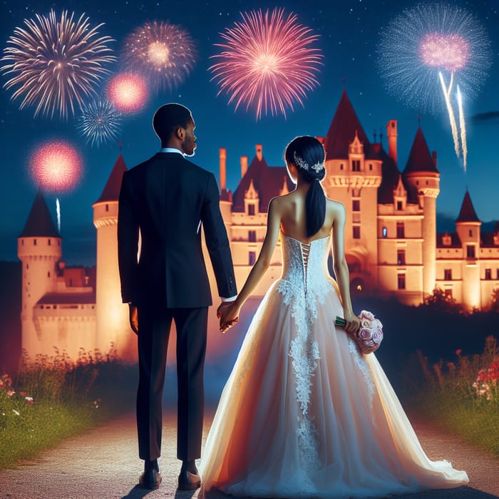 Romantic Back View Wedding Photo with Spectacular Fireworks at Castle