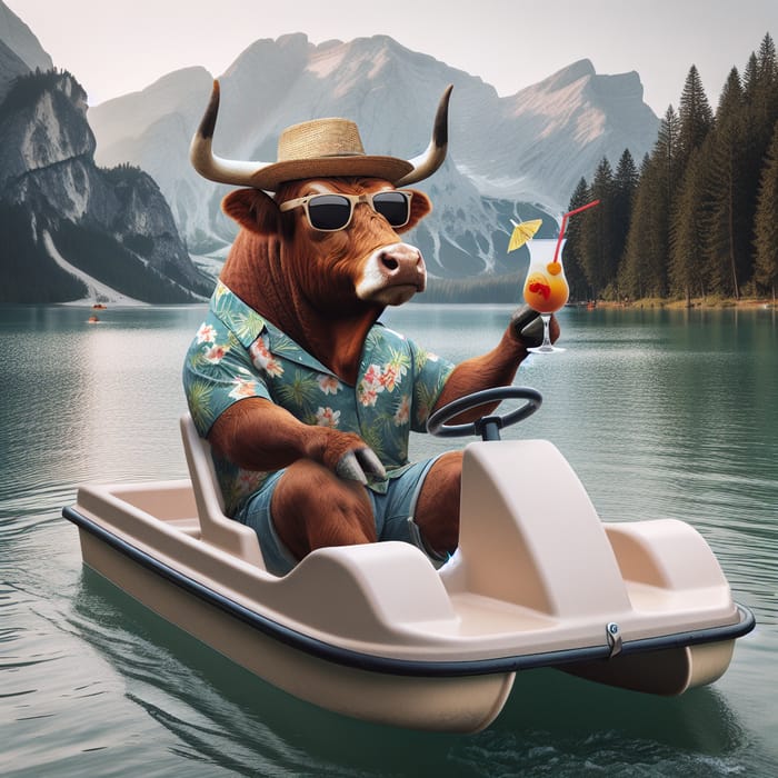 Serenely Pedaling Bull in Hawaiian Shirt with Cocktail on Lake