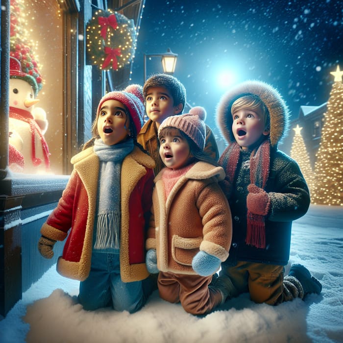 Children Admiring Christmas Window Display in Snowy Scene