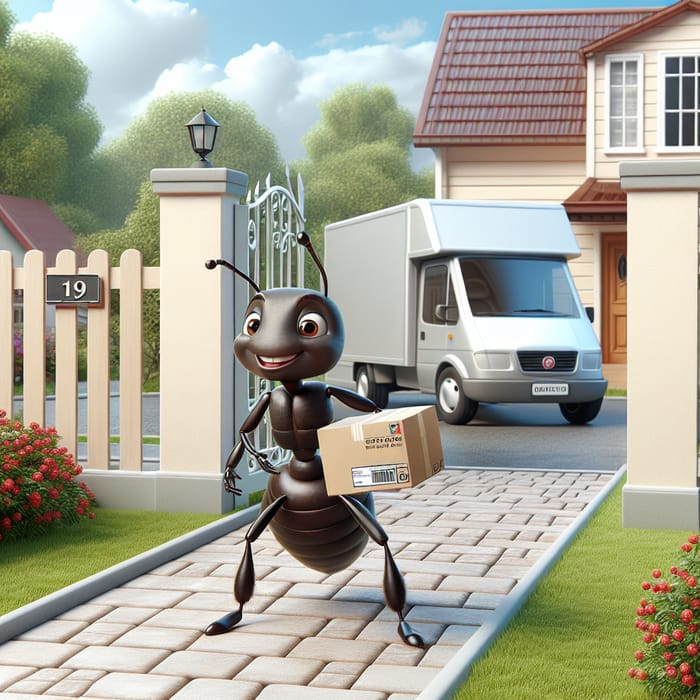 Friendly Ant Delivery: Photorealistic Image of Ant Delivering Package for Kids