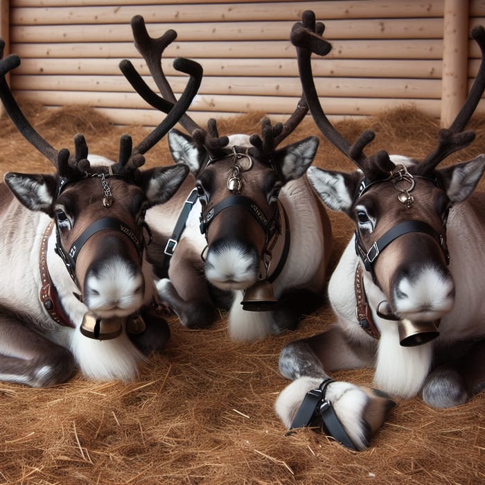Resting Reindeer on Straw with Harnesses and Bells