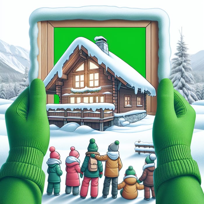Snowy Chalet Scene with Kids in Warm Attire for Image Overlay