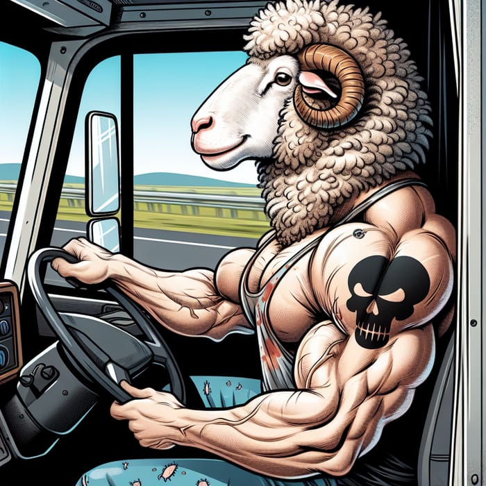 Muscular Sheep Fan of Classic Rock Driving Truck