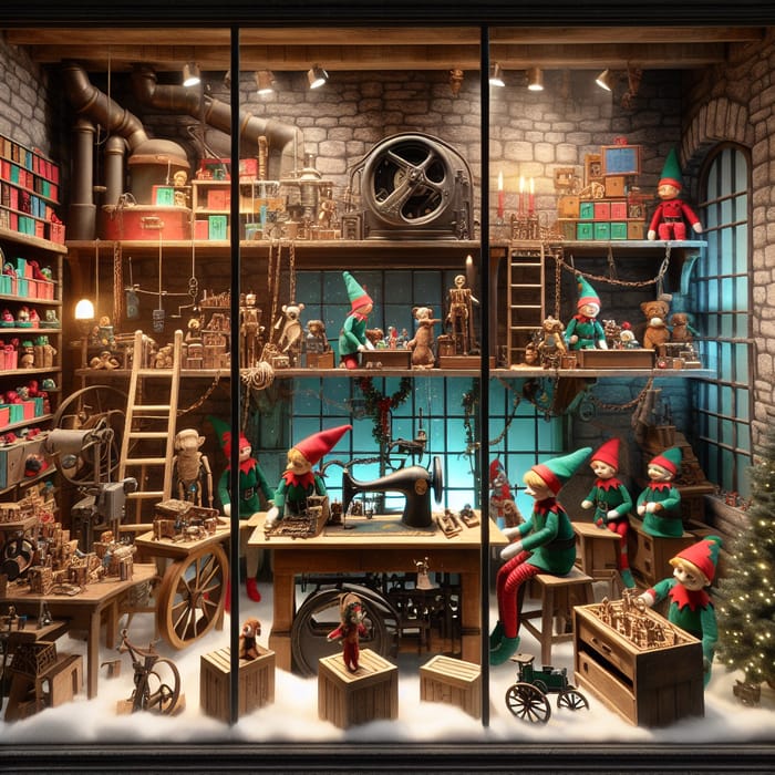 Enchanting Elf Workshop: Festive Toy Making Scene with Vintage Charm