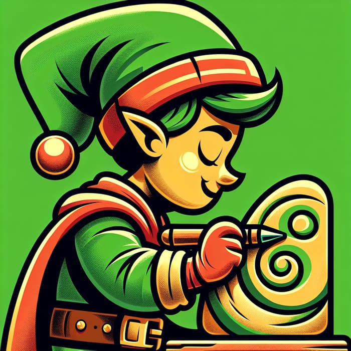 Christmas Elf Carving Stone - Cartoon Style Profile Illustration