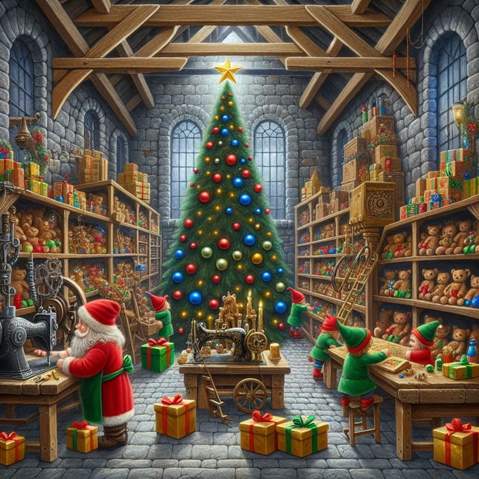 Magical Toy Workshop Scene with Santa, Elves, and Reindeer Toys