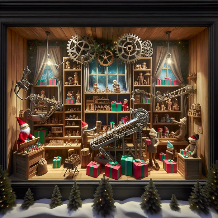 Enchanting Christmas Toy Factory Window Display in Elf's Workshop