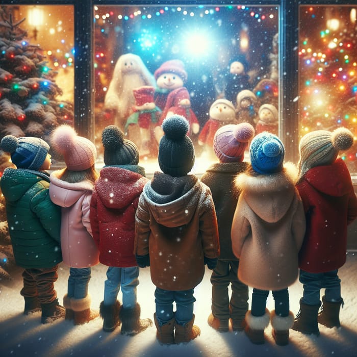 Children's Back View Admiring Christmas Window in Snowy Scene