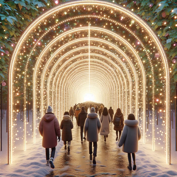Captivating Lighted Tunnel with Families Walking in Snowy Forest Setting