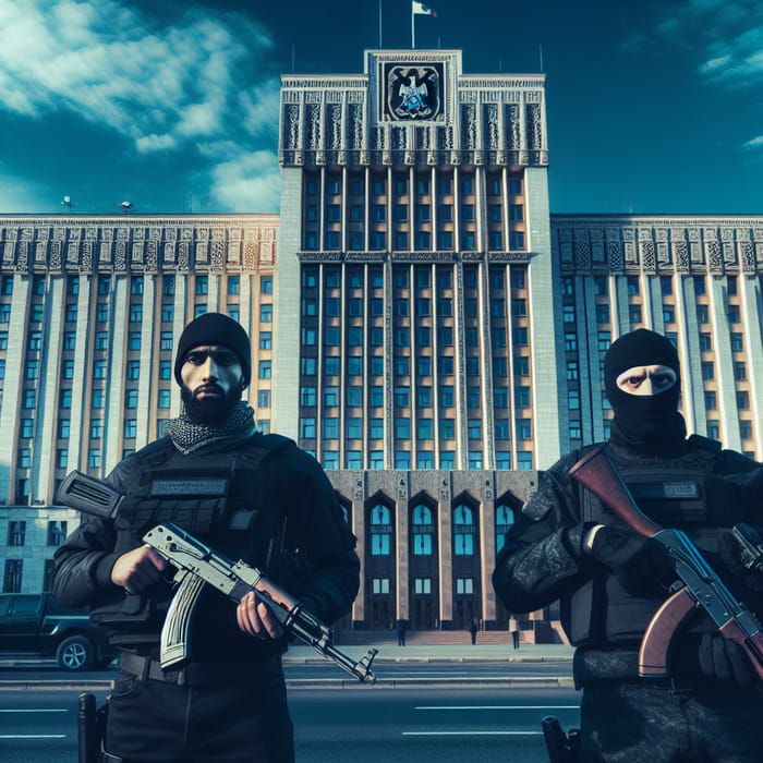 Serious Vigilance: Diverse Armed Guards Protecting Large Building