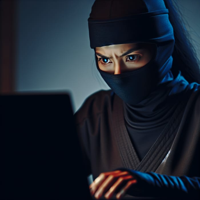 Ninja Girl with Mask Working on Laptop