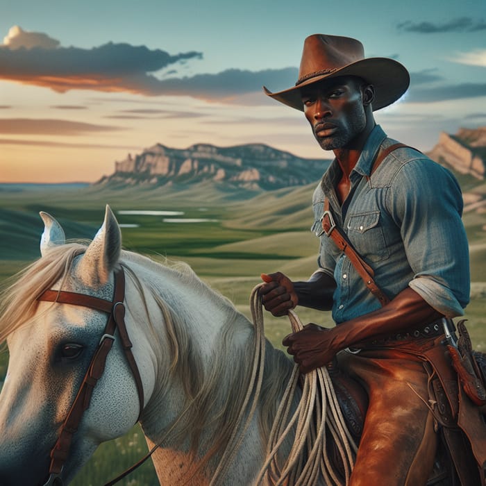 Black Male Cowboy Riding White Stallion in the Old West - Classic Scene