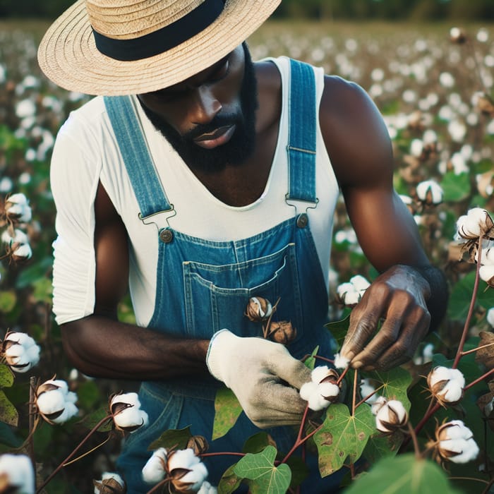 Black Farmer in Cotton Field: Harvesting Hardworking Scene