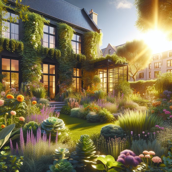 Sunny Home Garden with Unique Black Windows and Blooming Plants